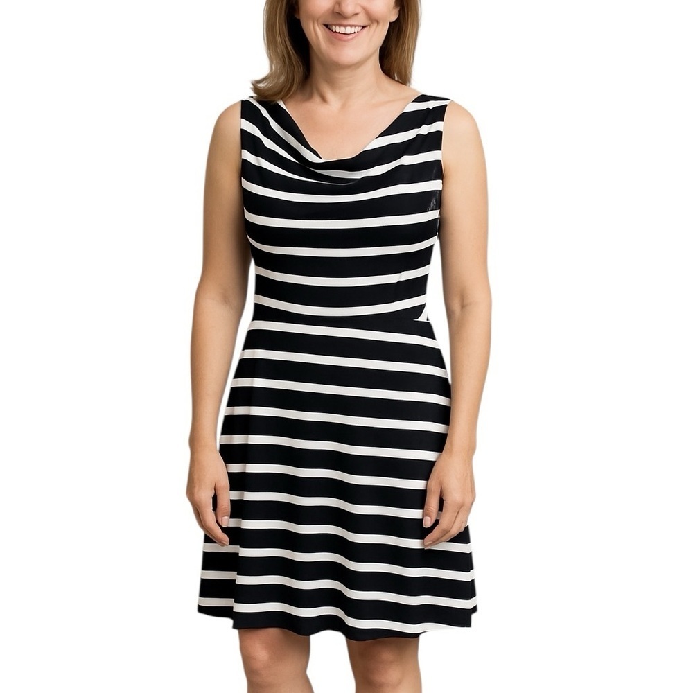 Dress Barn 10 Black & White Stripe Fit & Flare Sleeveless Dress Cowl Neck